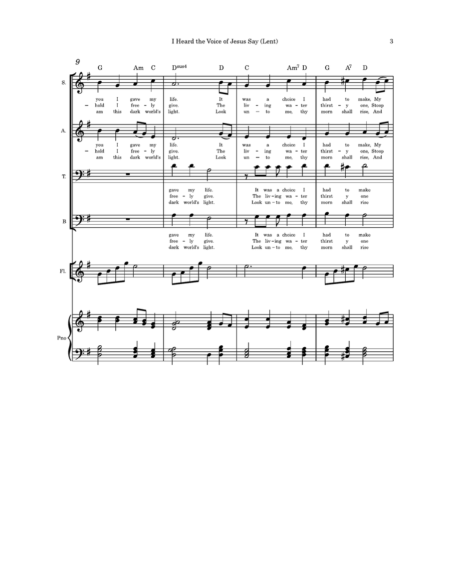 I Heard the Voice of Jesus Say Lent SATB flute and piano 4-Part scores gallery preview page 3