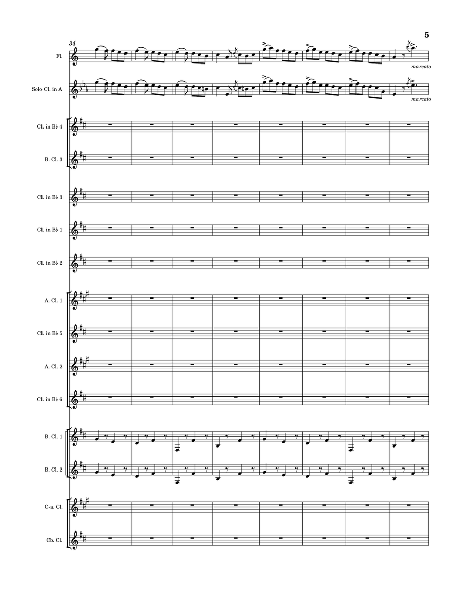Tarantella (Camille Saint-Saëns). Mixed clarinet ensemble with Solo C Flute and Solo Clarinet in A Woodwind Ensemble scores gallery preview page 5