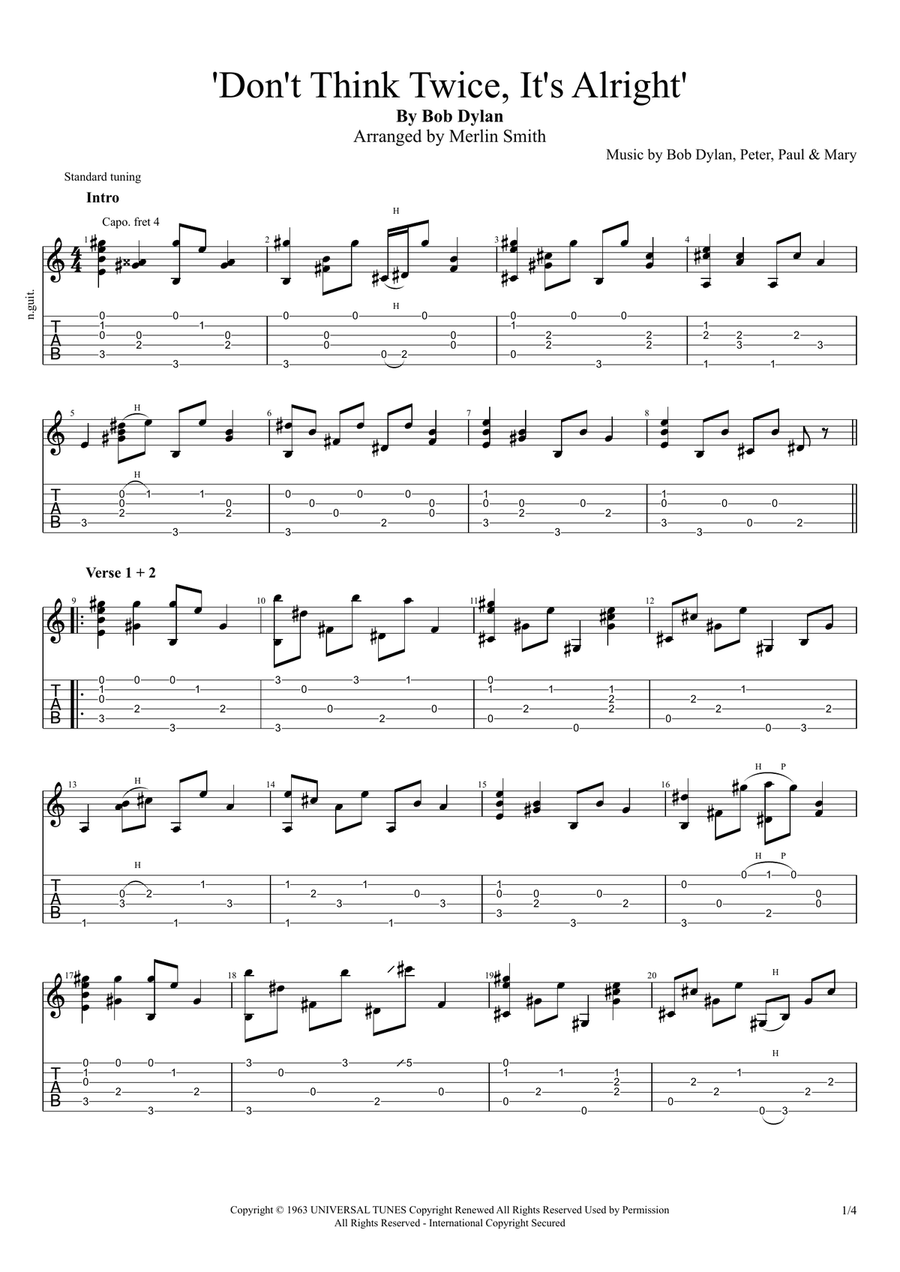Don't Think Twice, It's All Right Acoustic Guitar scores gallery preview page 1