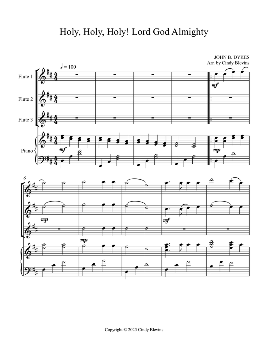 Holy, Holy, Holy! Lord God Almighty, for Three Flutes and Piano Small Ensemble scores gallery preview page 2