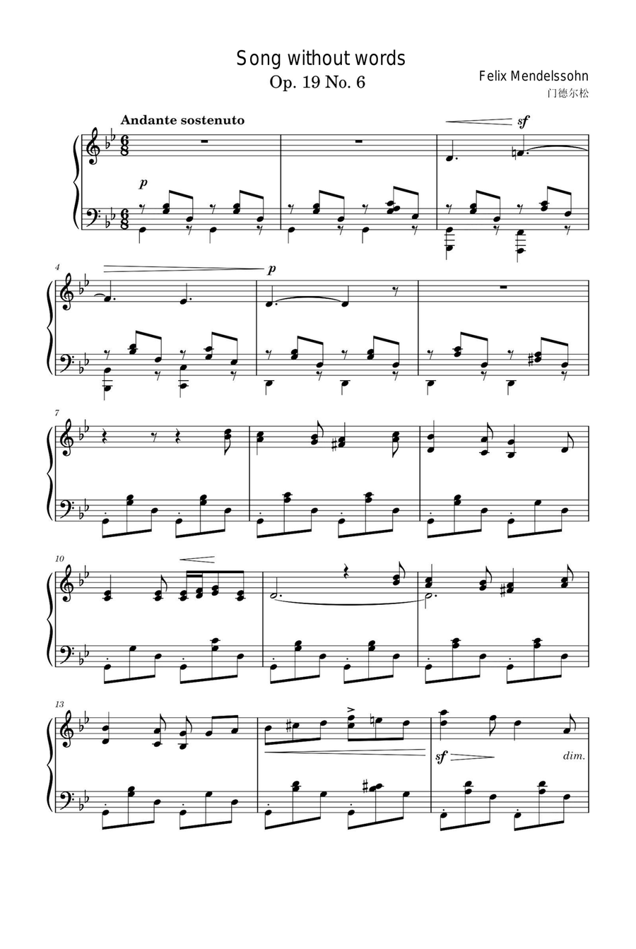 Song without words Op. 19 No. 6 - Felix Mendelssohn Piano Solo scores gallery preview page 1