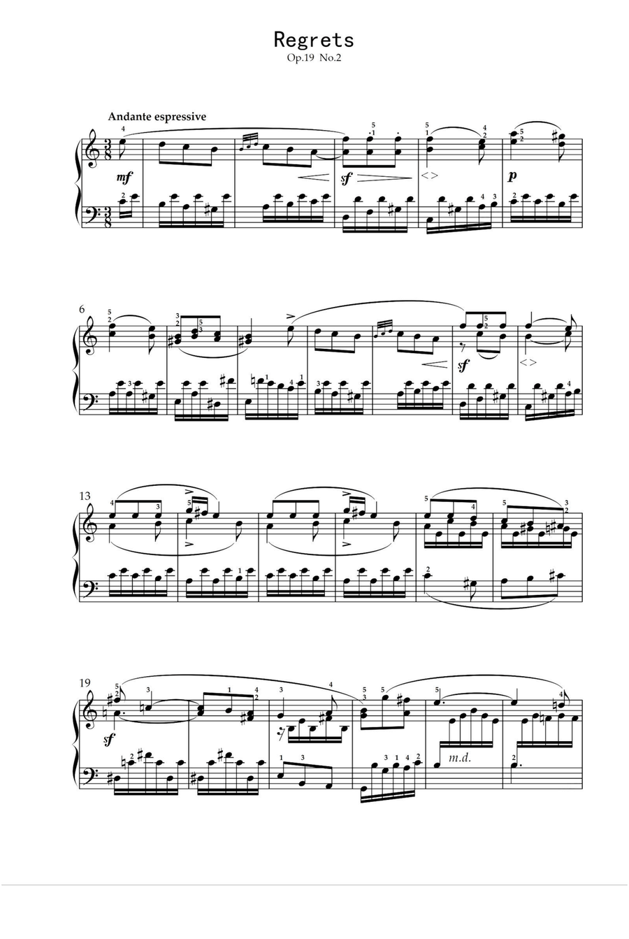 Regrets OP.19 No.2 - Felix Mendelssohn Piano Solo scores gallery preview page 1