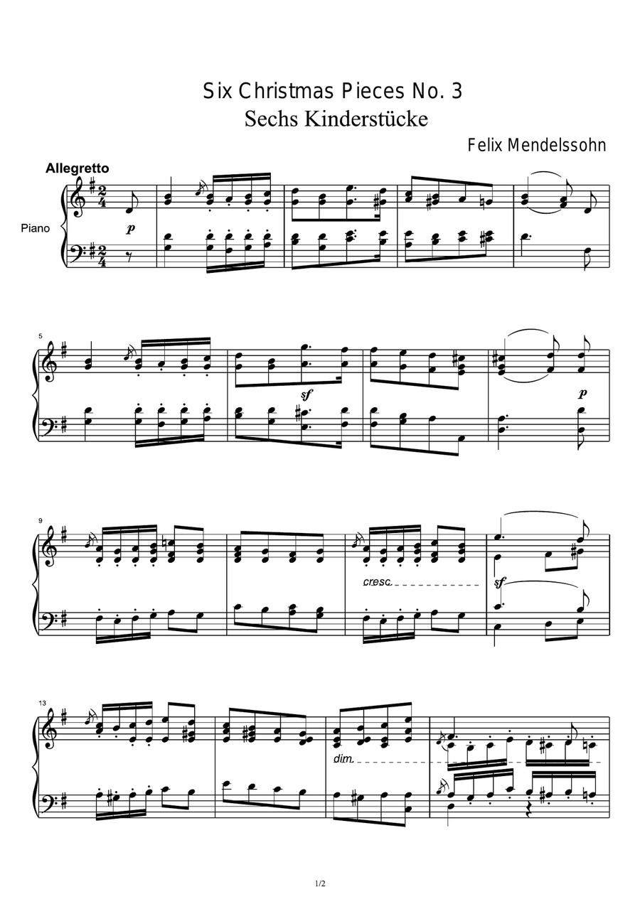 Six Christmas Pieces No. 3 - Felix Mendelssohn Piano Solo scores gallery preview page 1