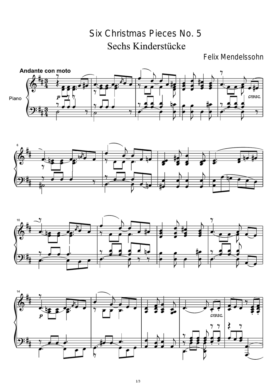 Six Christmas Pieces No. 5 - Felix Mendelssohn Piano Solo scores gallery preview page 1