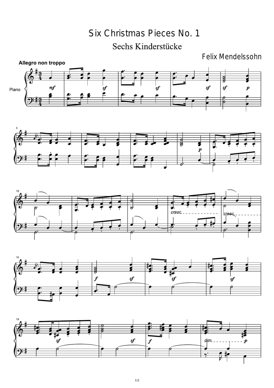 Six Christmas Pieces No. 1 - Felix Mendelssohn Piano Solo scores gallery preview page 1