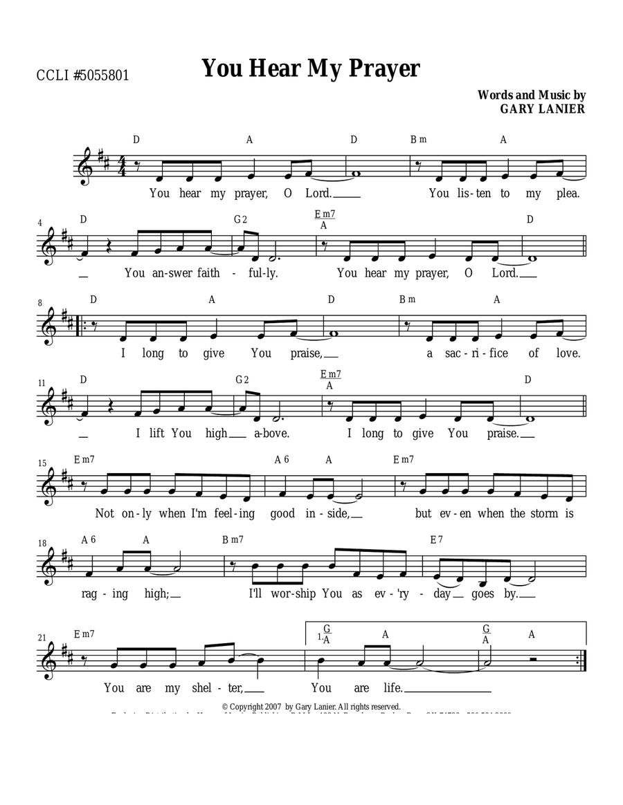 YOU HEAR MY PRAYER by Gary Lanier, LEAD SHEET (Includes Melody, Lyrics & Chords) Piano scores gallery preview page 2