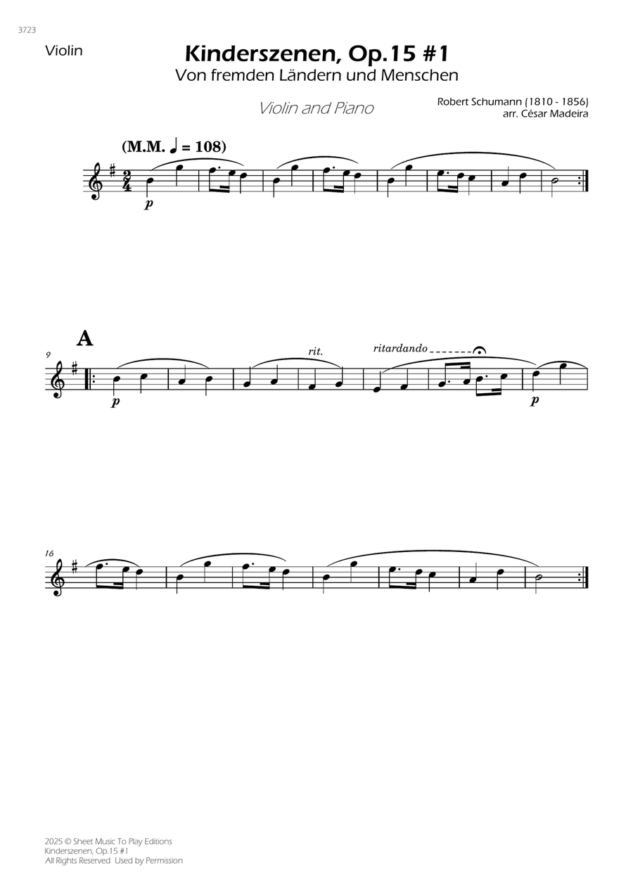 Kinderszenen, Op.15 No.1 - Violin and Piano (Individual Parts) Violin Solo scores gallery preview page 1
