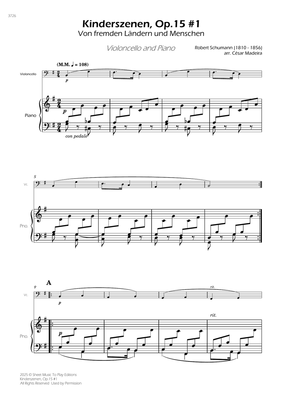Kinderszenen, Op.15 No.1 - Cello and Piano (Full Score and Parts) Piano scores gallery preview page 1