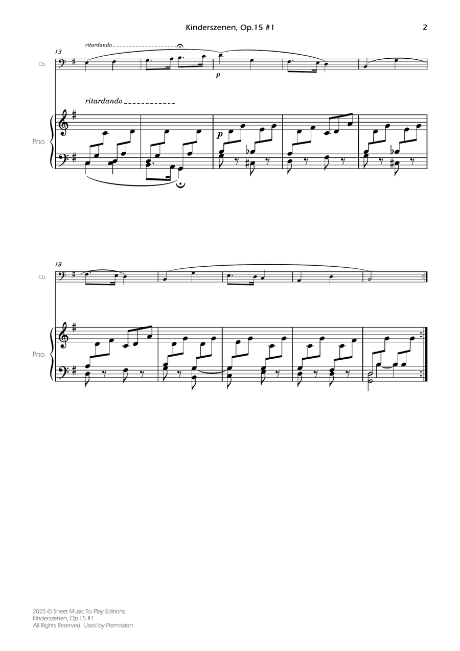 Kinderszenen, Op.15 No.1 - Contrabass and Piano (Full Score and Parts) Double Bass scores gallery preview page 2