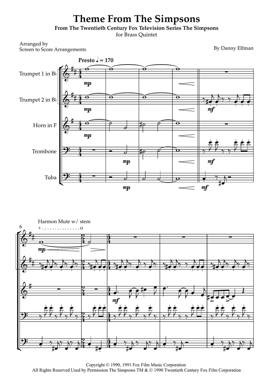 Theme From The Simpsons Brass Quintet scores gallery preview page 1