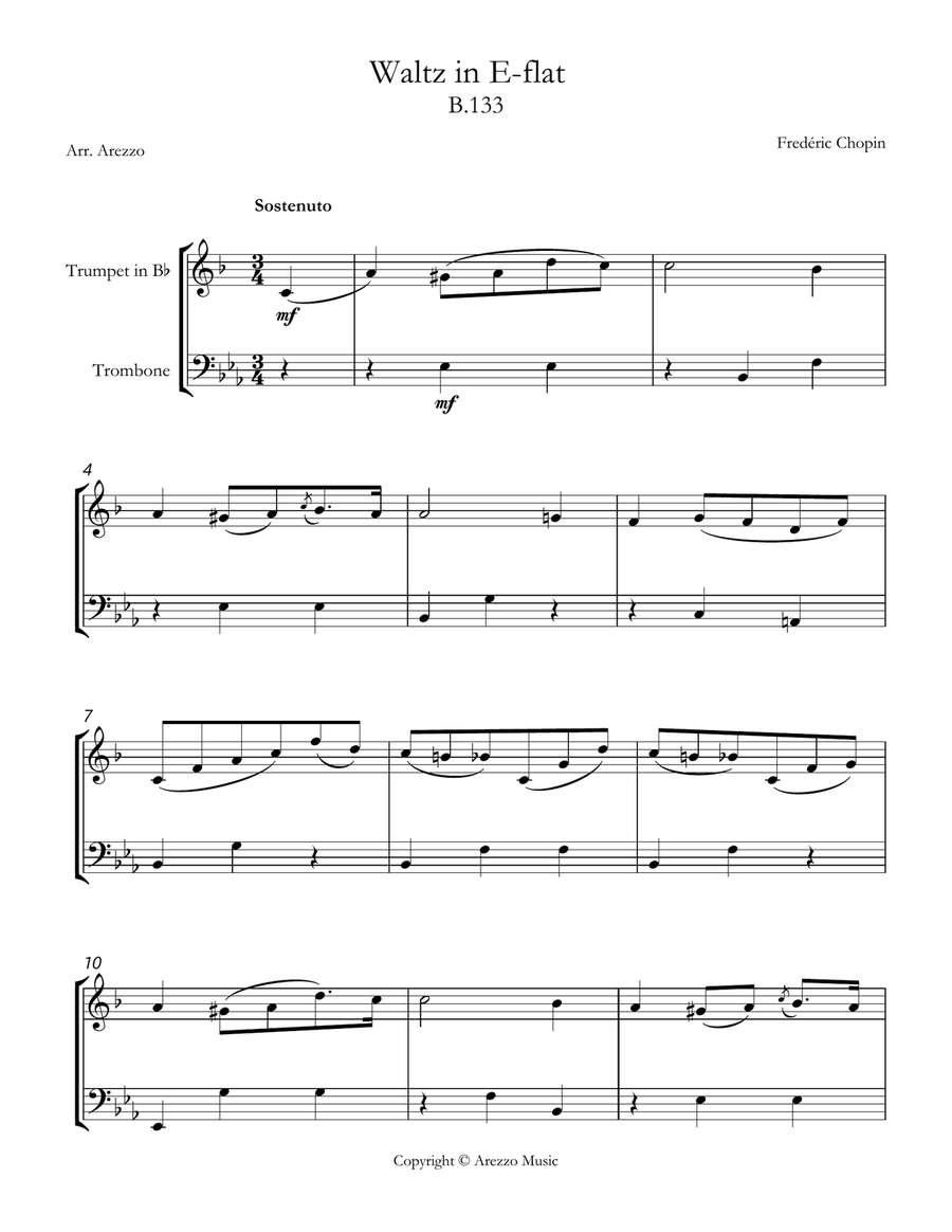 chopin b 133 waltz in e-flat major Trumpet and Trombone sheet music Brass Duet scores gallery preview page 1
