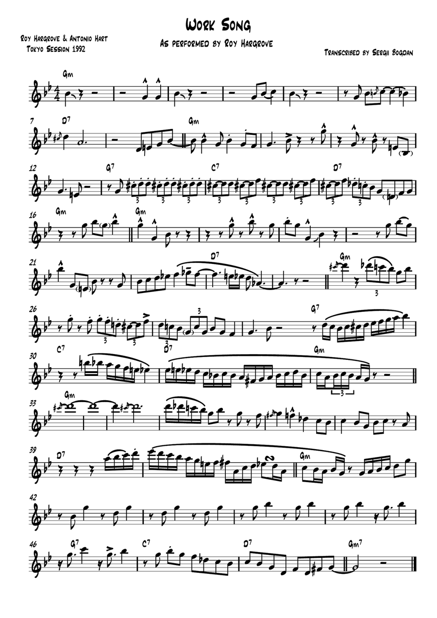 Work Song - Roy Hargrove Trumpet Solo Transcription (Solo-Bb-Instr) PDF Trumpet Solo scores gallery preview page 1