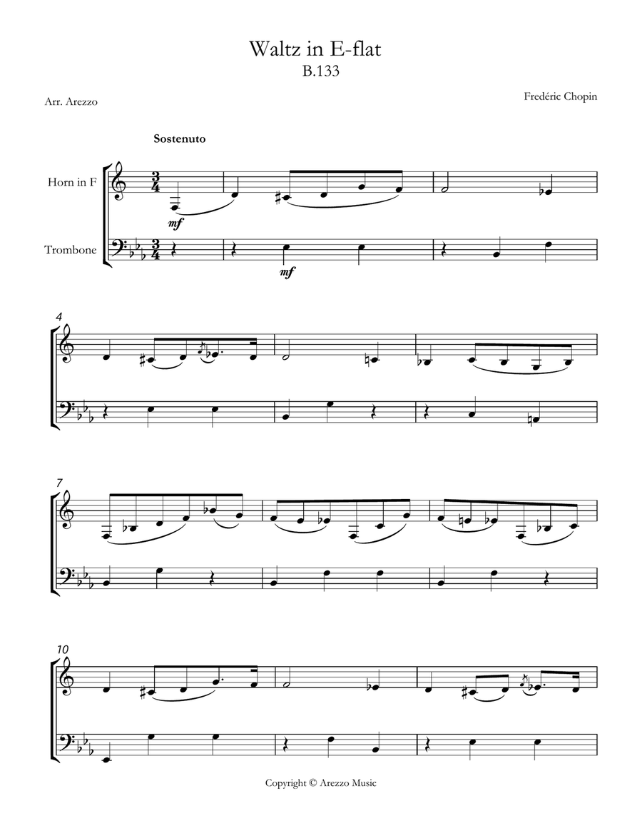 Chopin b 133 waltz in e-flat major French Horn and Trombone sheet music Brass Duet scores gallery preview page 1