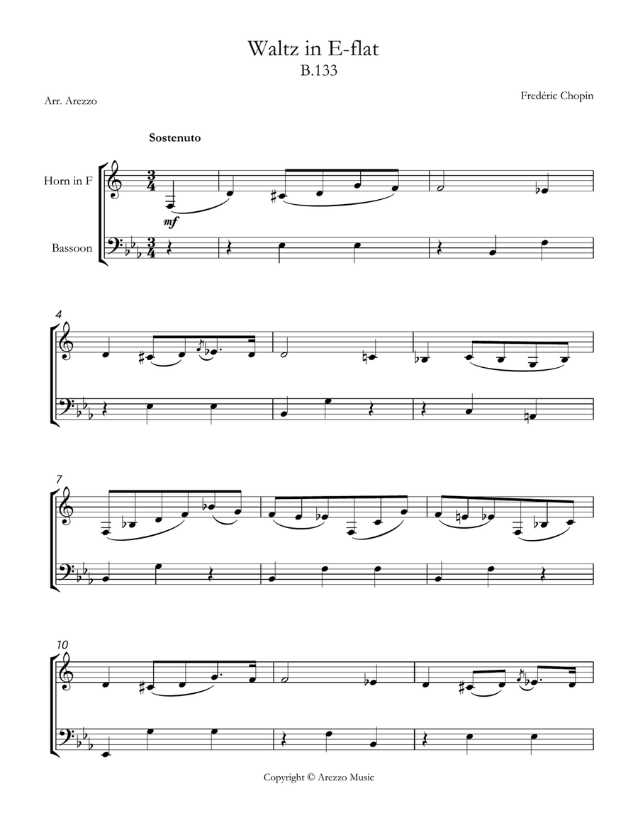Chopin b 133 waltz in e-flat major French Horn and Bassoon sheet music Woodwind Duet scores gallery preview page 1