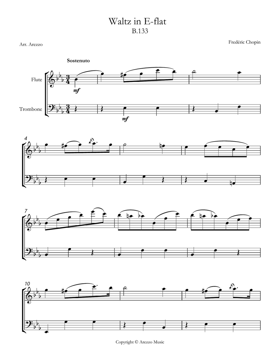 Chopin b 133 waltz in e-flat major Flute and Trombone sheet music Chamber Music scores gallery preview page 1