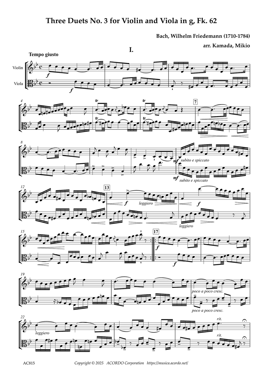 Three Duets No. 3 for Violin and Viola in g, Fk. 62 String Duet scores gallery preview page 1