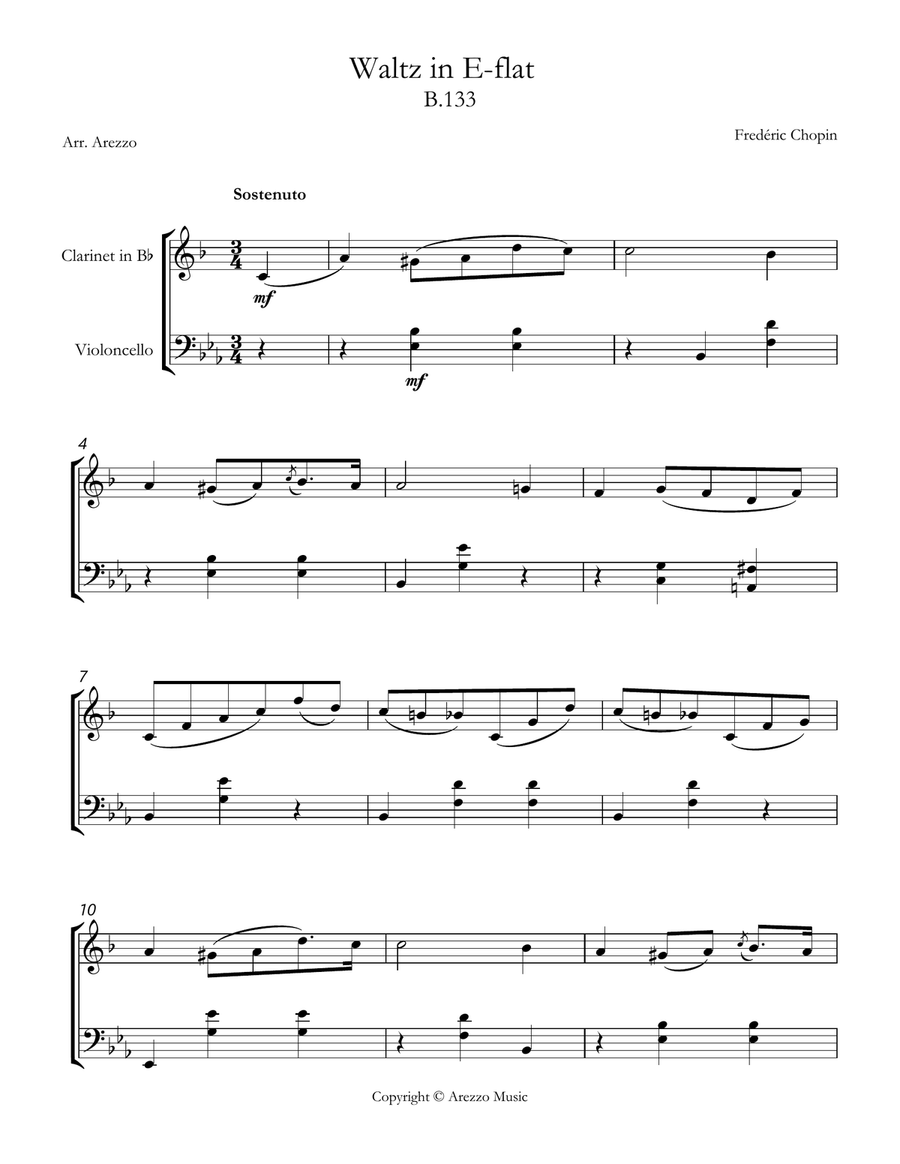 Chopin b 133 waltz in e-flat major Clarinet and Cello sheet music Chamber Music scores gallery preview page 1