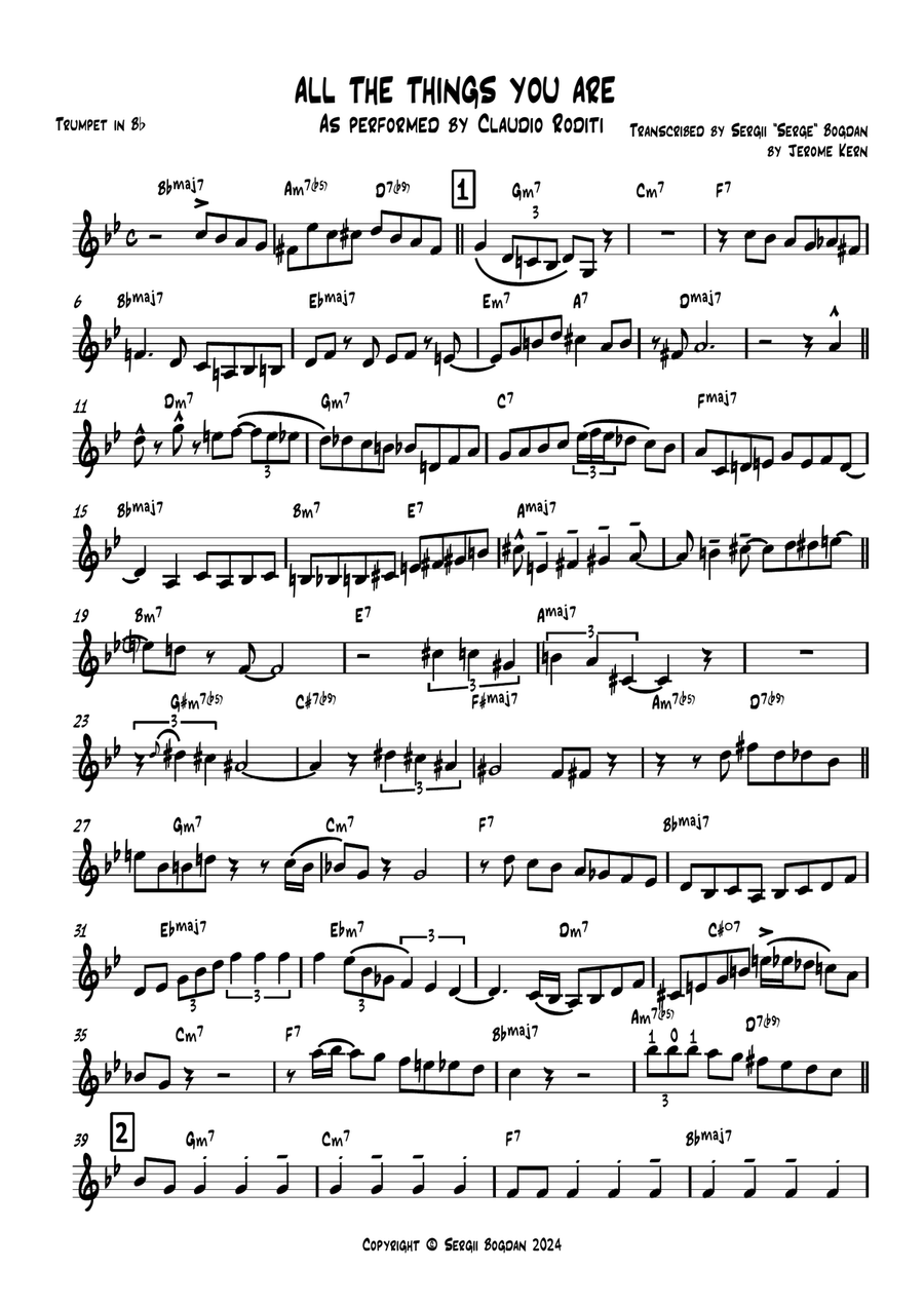 ALL THE THINGS YOU ARE - Trumpet Solo Transcription as performed by Claudio Roditi- Bb-Instr Trumpet Solo scores gallery preview page 1