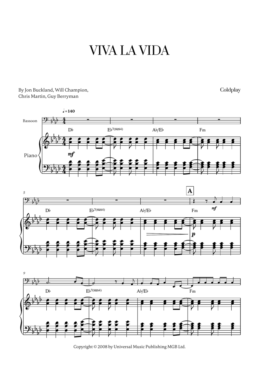 Viva La Vida Viva La Vida Bassoon scores gallery preview page 1