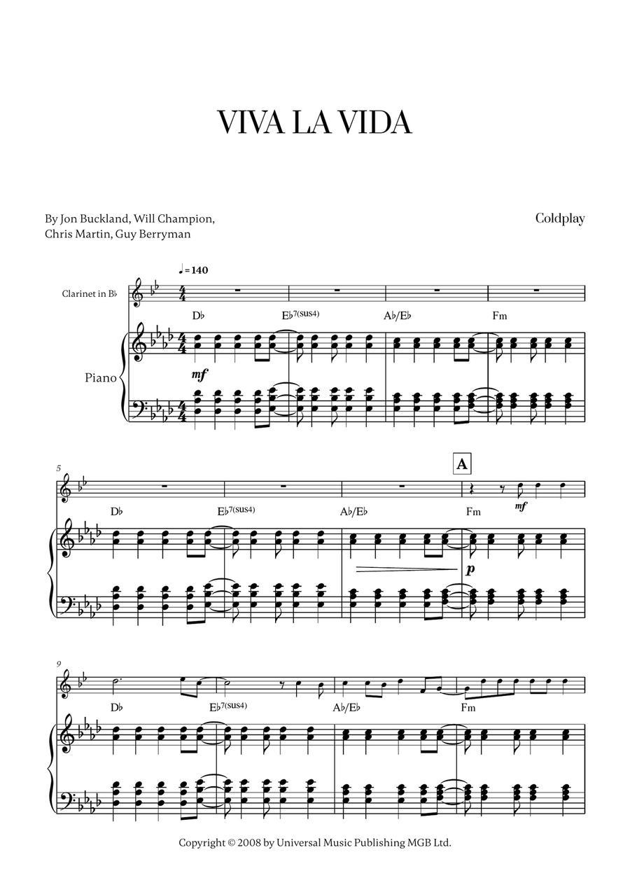 Viva La Vida Viva La Vida Clarinet Solo scores gallery preview page 1