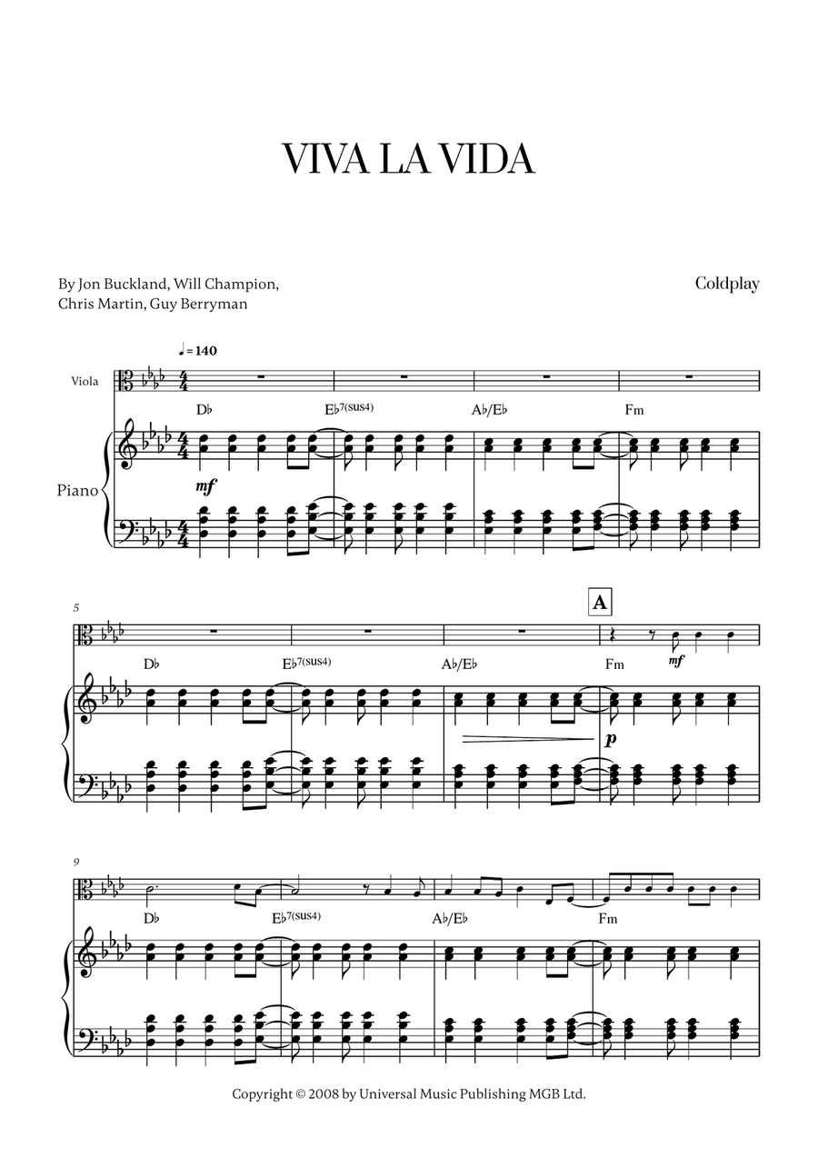 Viva La Vida Viva La Vida Viola scores gallery preview page 1