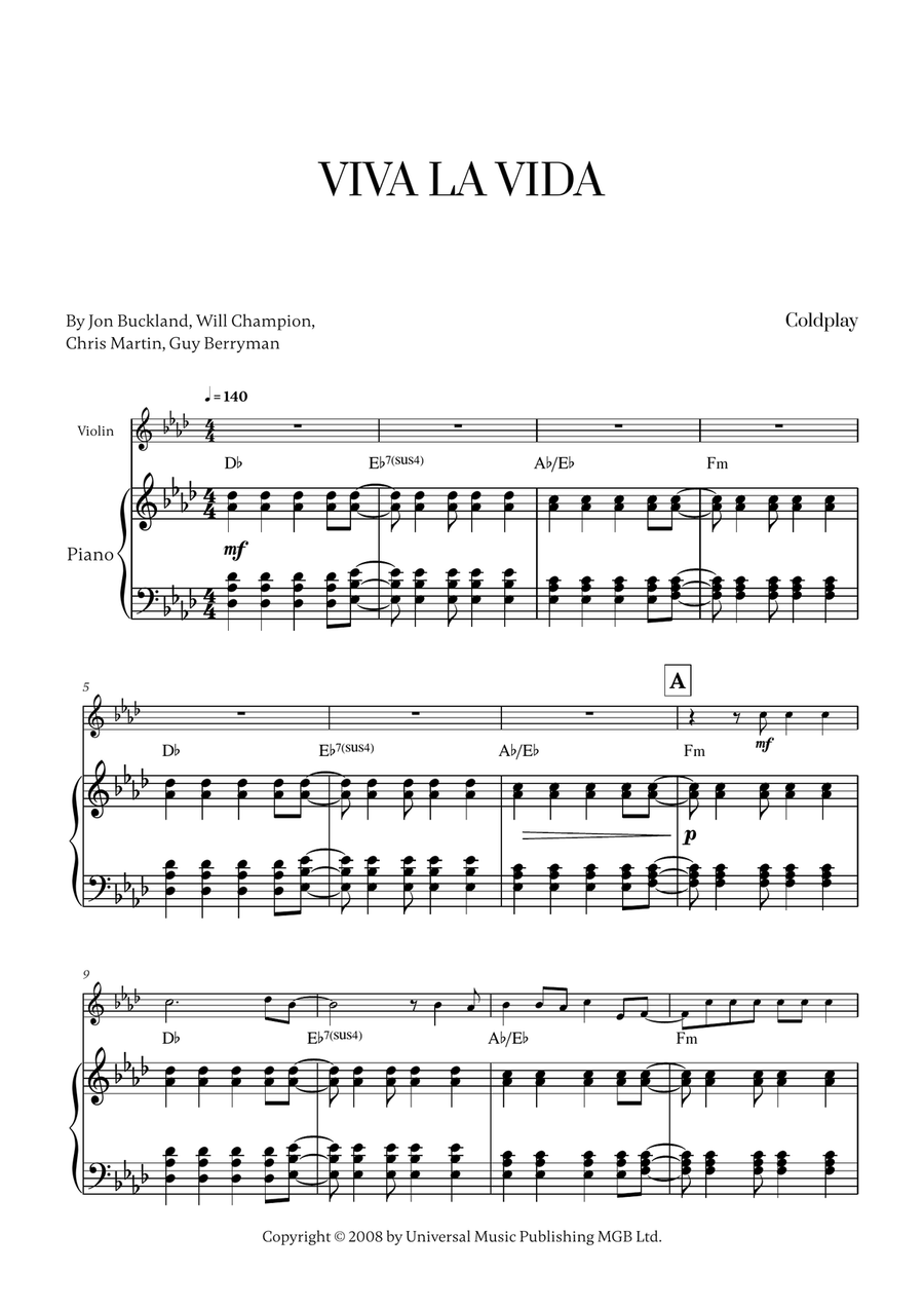Viva La Vida Viva La Vida Violin Solo scores gallery preview page 1