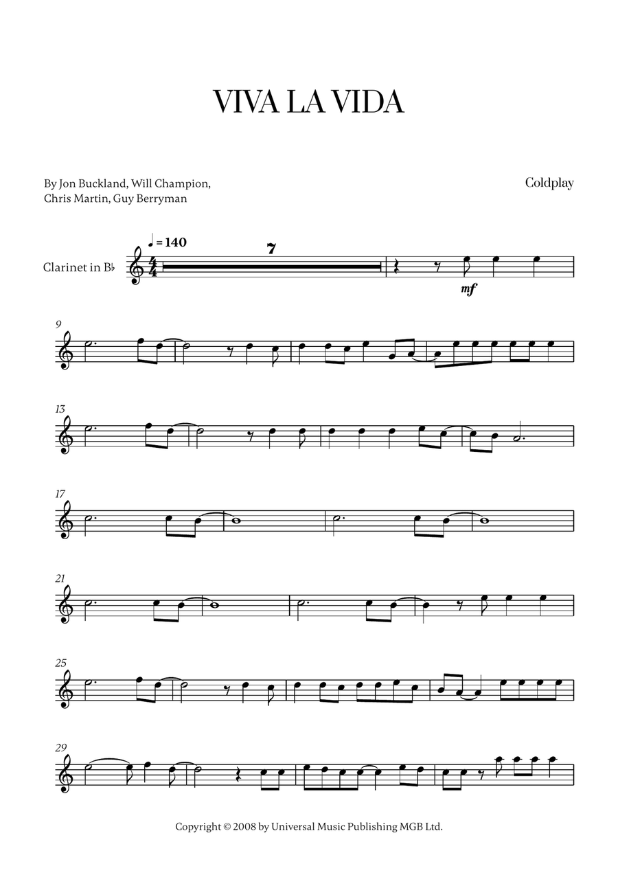 Viva La Vida Viva La Vida Clarinet Solo scores gallery preview page 1
