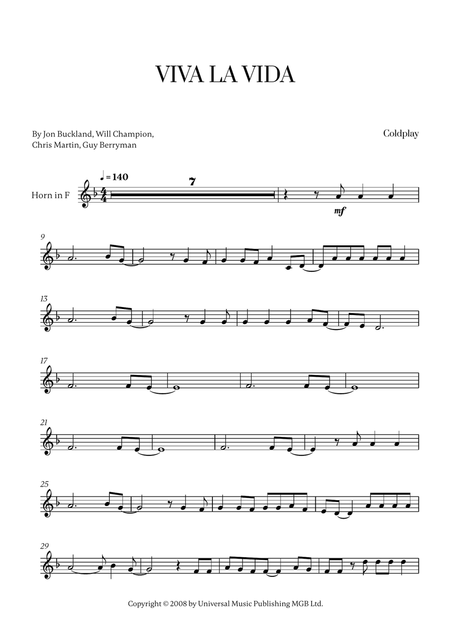 Viva La Vida Viva La Vida Horn Solo scores gallery preview page 1