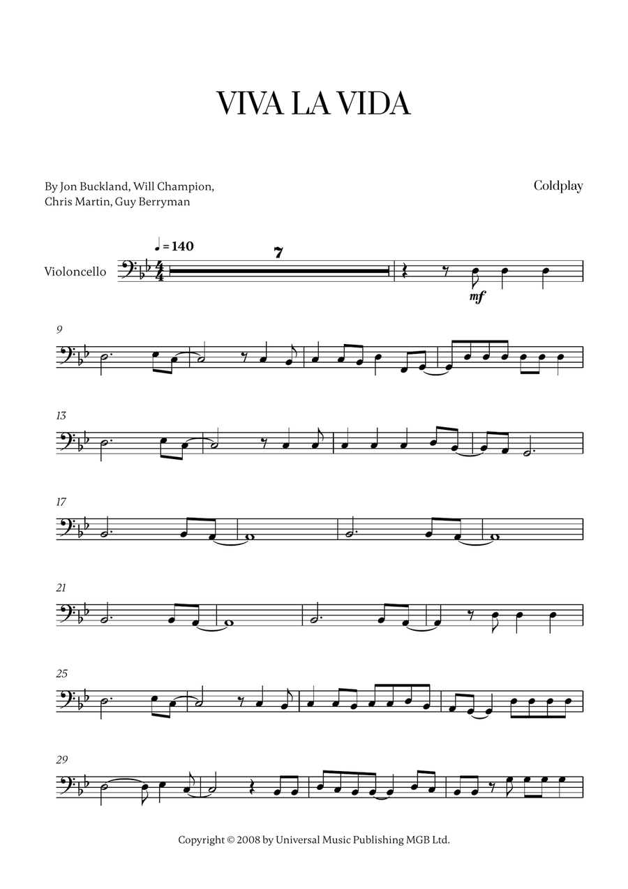Viva La Vida Viva La Vida Cello Solo scores gallery preview page 1