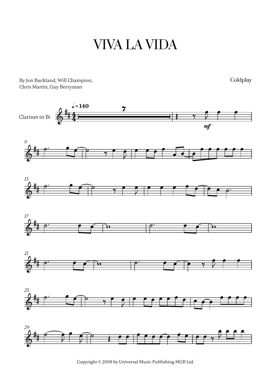 Viva La Vida Clarinet Solo scores gallery preview page 1