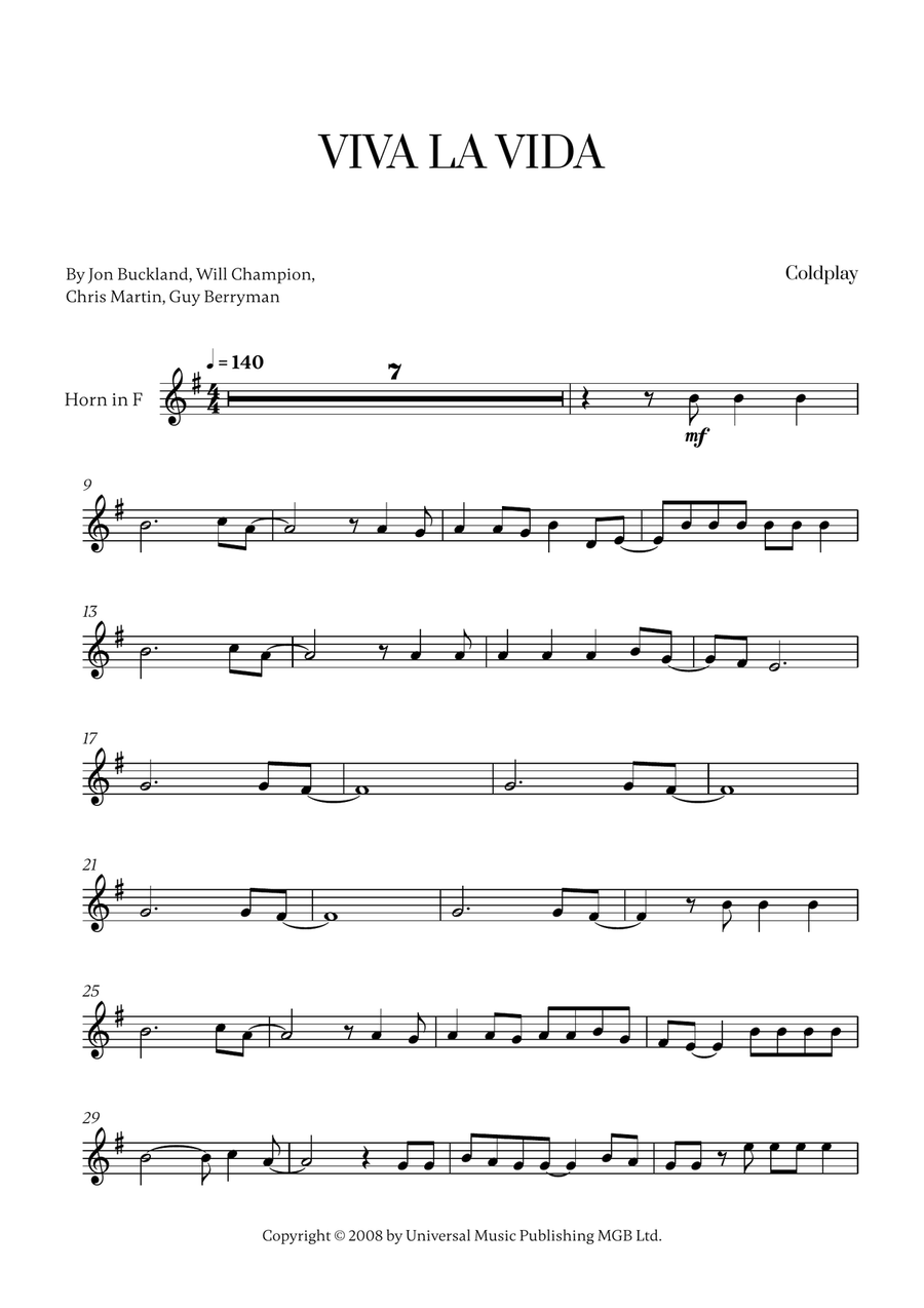 Viva La Vida Viva La Vida Horn Solo scores gallery preview page 1