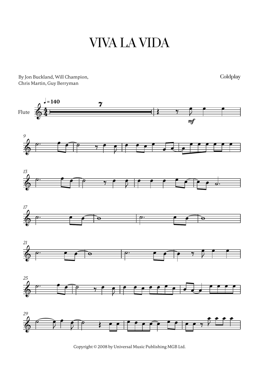 Viva La Vida Viva La Vida Flute Solo scores gallery preview page 1
