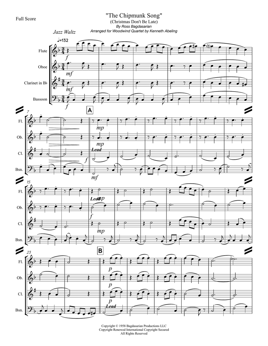 The Chipmunk Song Woodwind Quartet scores gallery preview page 2