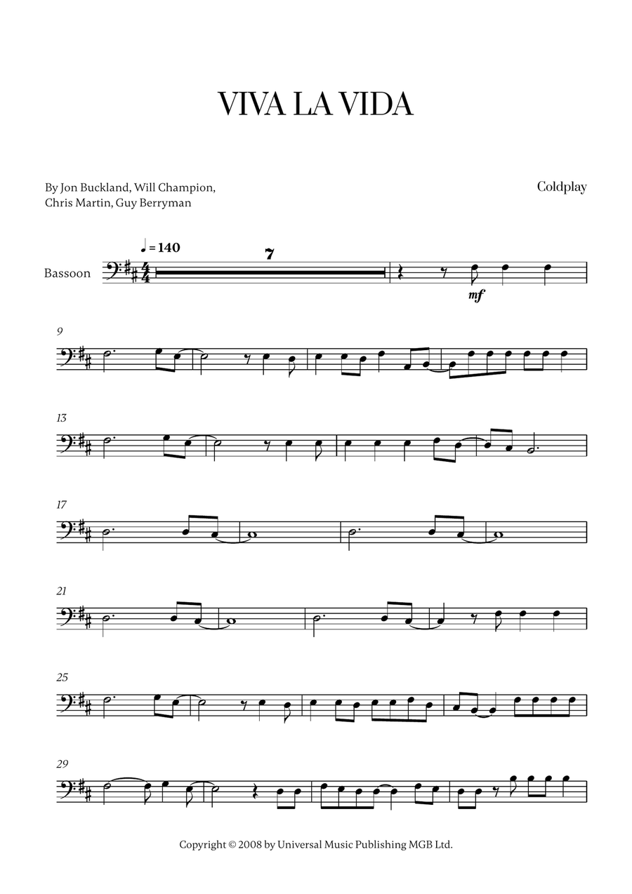 Viva La Vida Viva La Vida Bassoon Solo scores gallery preview page 1