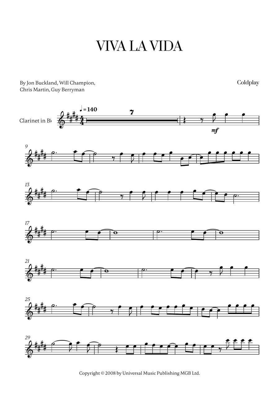 Viva La Vida Viva La Vida Clarinet Solo scores gallery preview page 1
