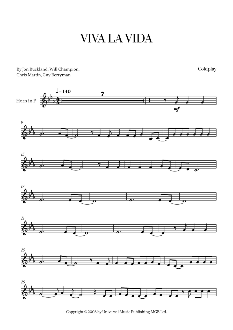 Viva La Vida Viva La Vida Horn Solo scores gallery preview page 1