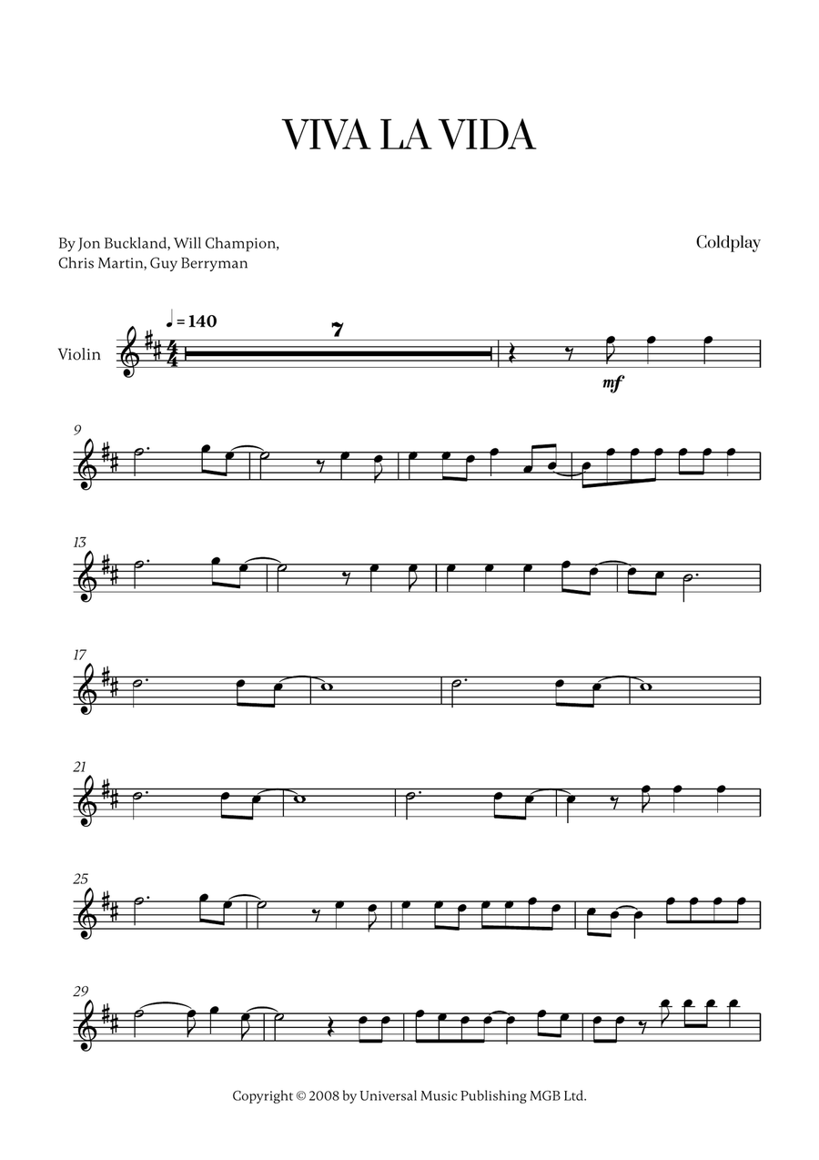 Viva La Vida Viva La Vida Violin Solo scores gallery preview page 1