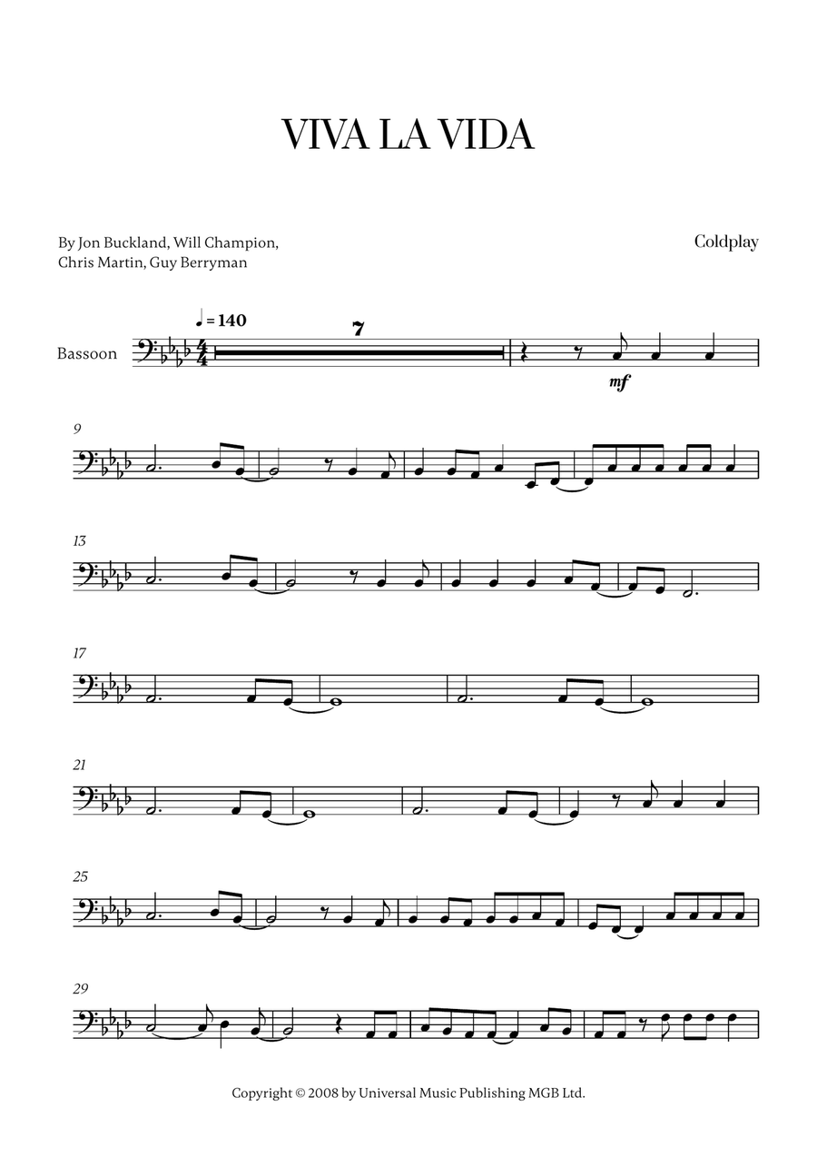 Viva La Vida Viva La Vida Bassoon Solo scores gallery preview page 1