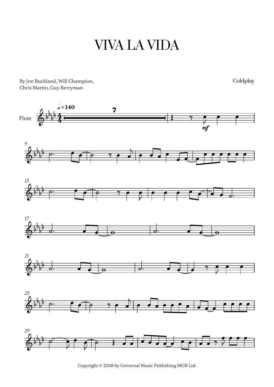 Viva La Vida Viva La Vida Flute Solo scores gallery preview page 1