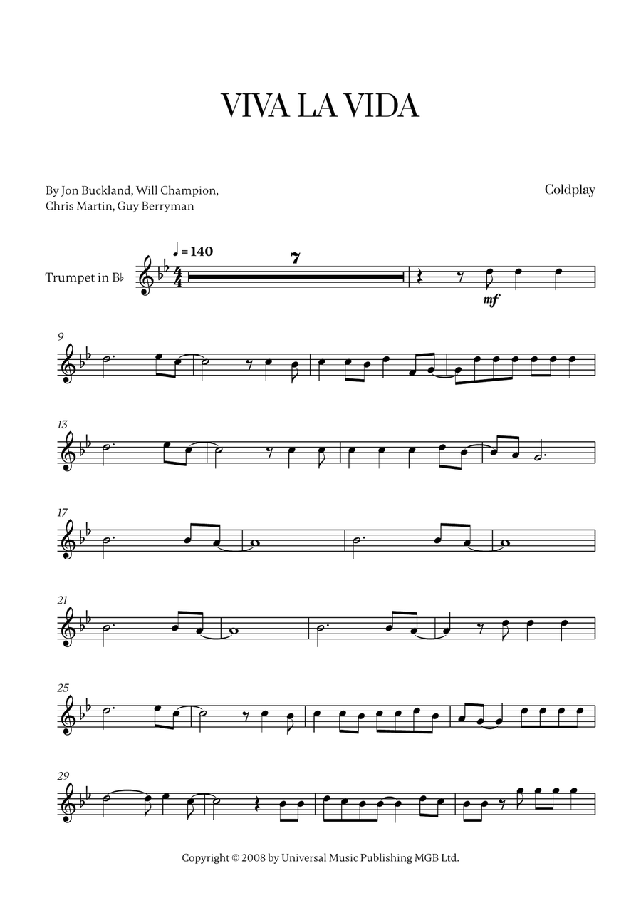 Viva La Vida Trumpet Solo scores gallery preview page 1