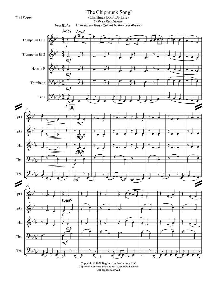 The Chipmunk Song Brass Quintet scores gallery preview page 2