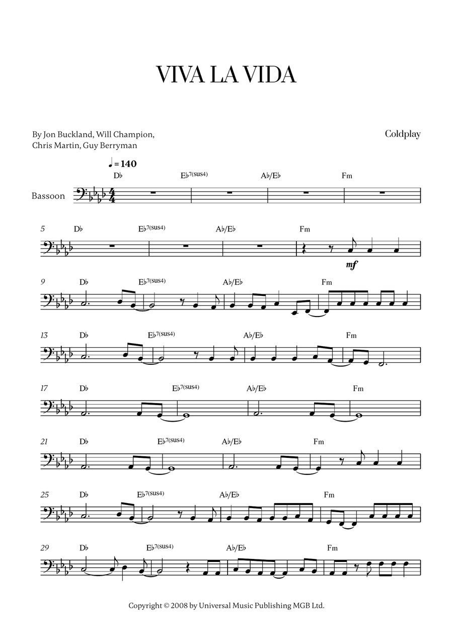 Viva La Vida Viva La Vida Bassoon Solo scores gallery preview page 1