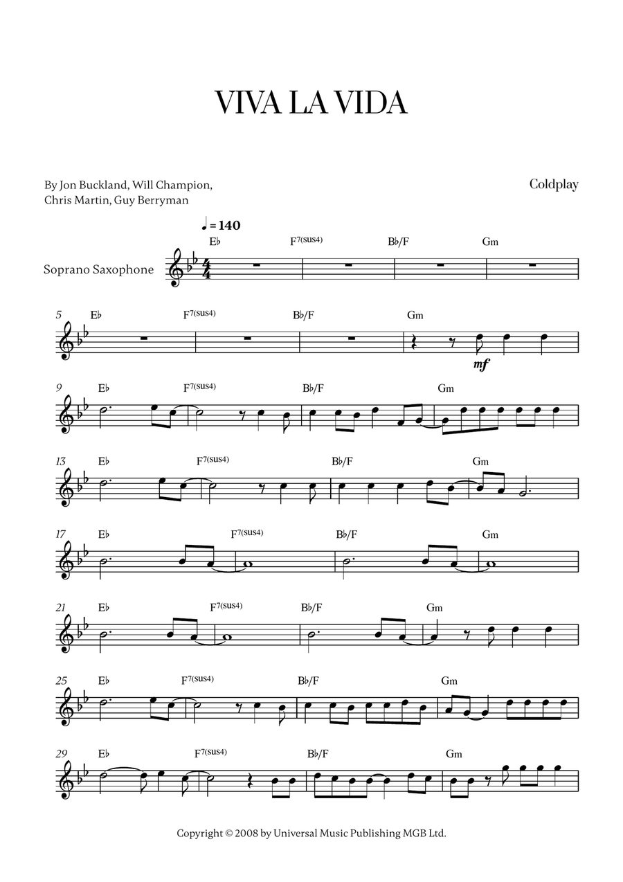 Viva La Vida Viva La Vida Soprano Saxophone scores gallery preview page 1