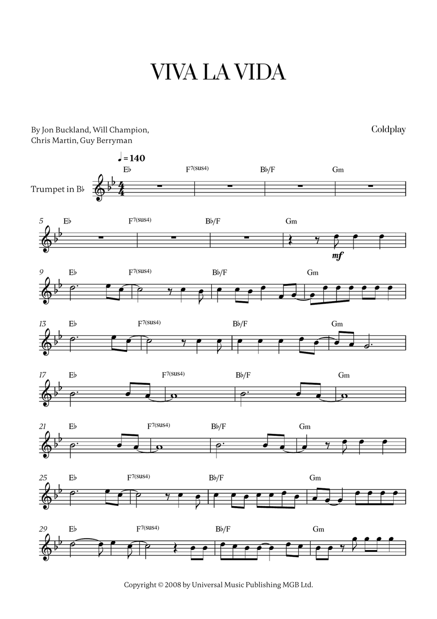 Viva La Vida Viva La Vida Trumpet Solo scores gallery preview page 1