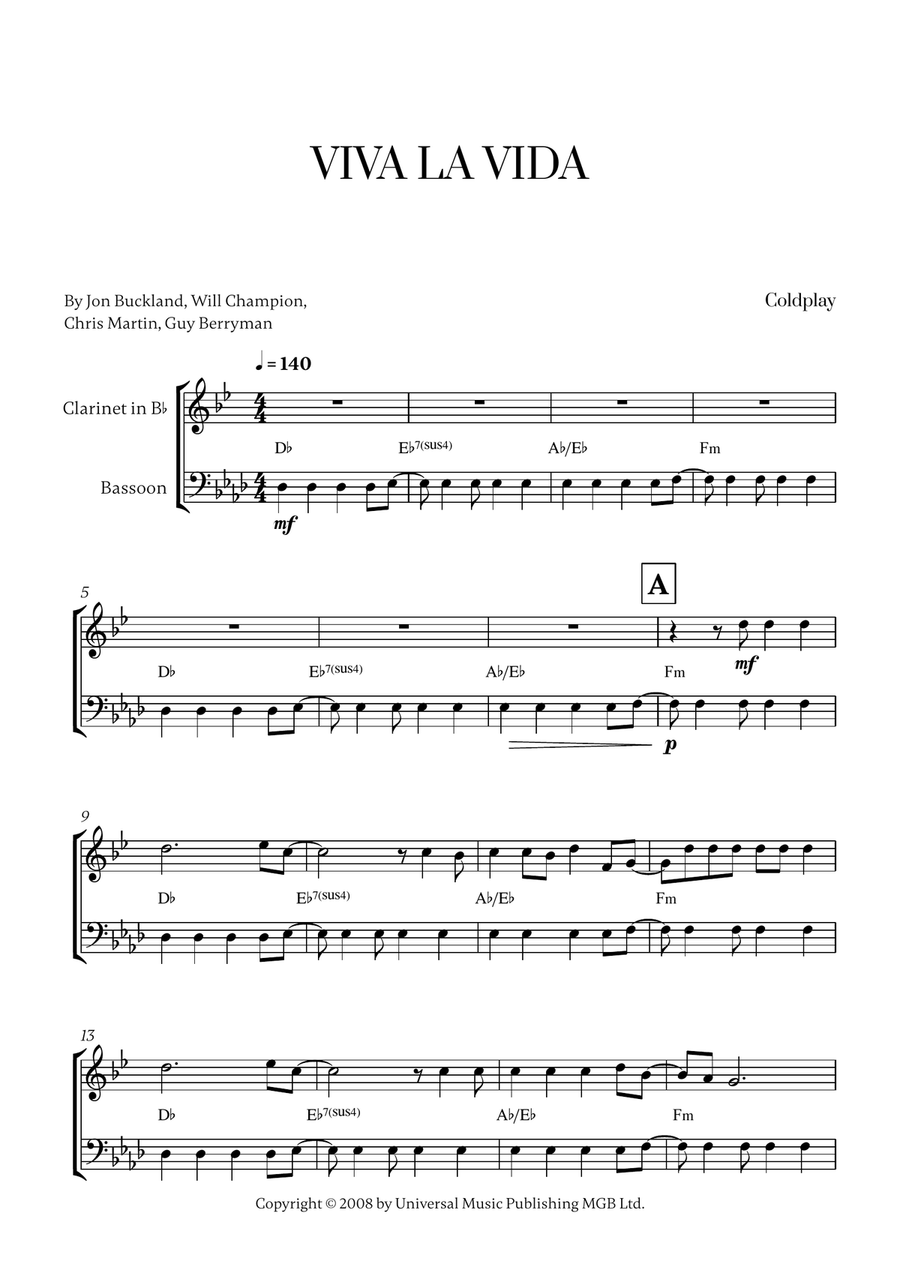 Viva La Vida Viva La Vida Woodwind Duet scores gallery preview page 1