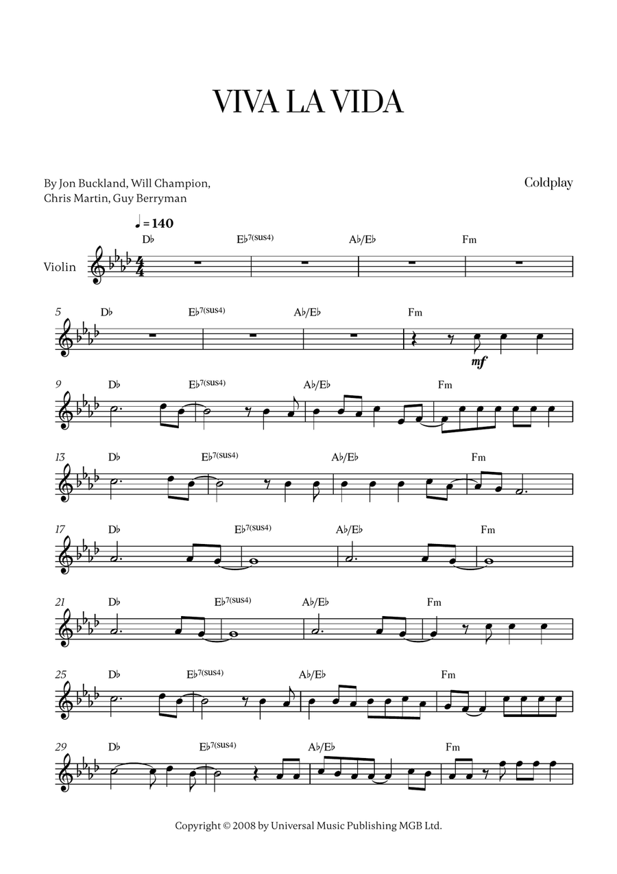 Viva La Vida Violin Solo scores gallery preview page 1