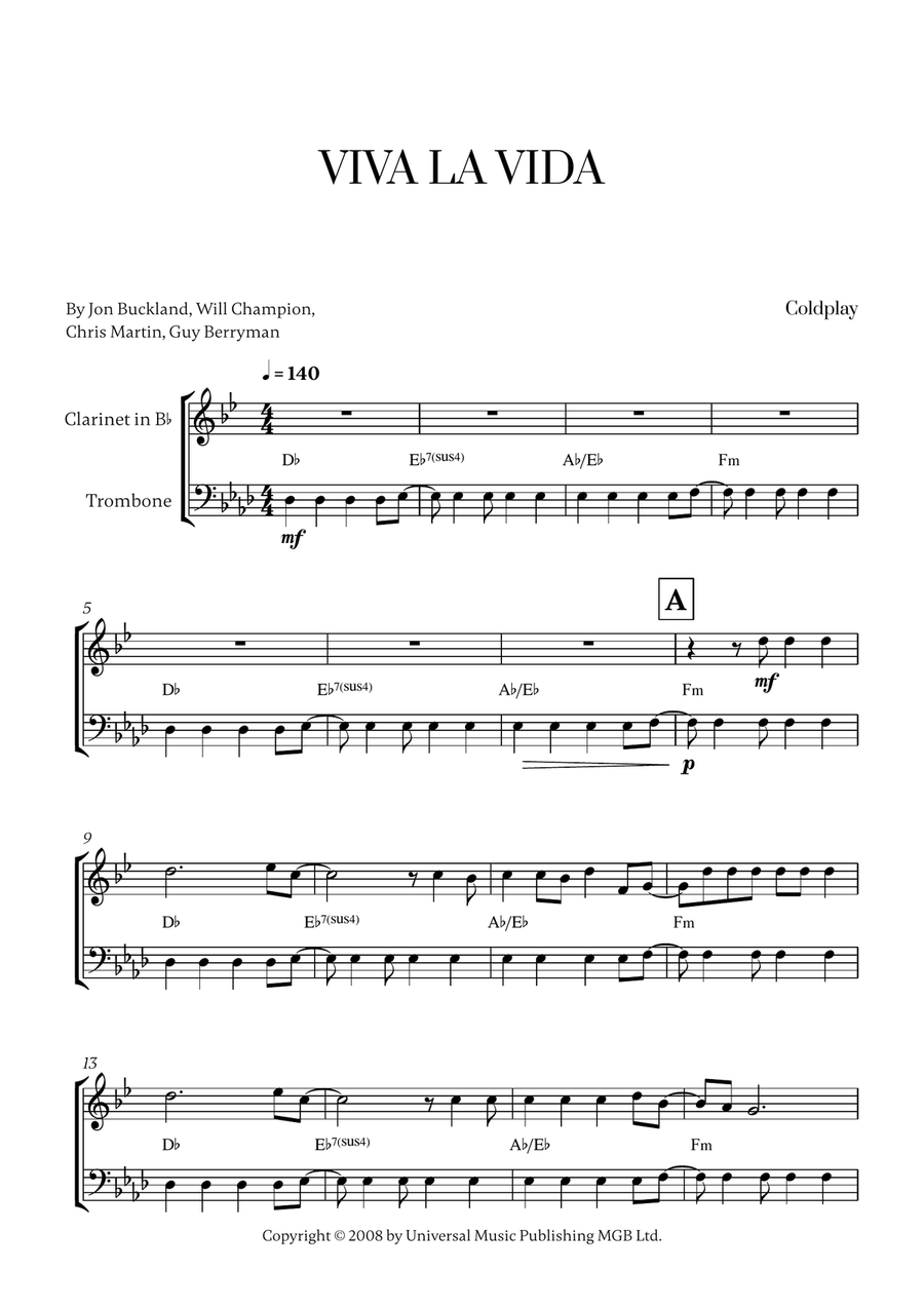 Viva La Vida Viva La Vida B-Flat Clarinet scores gallery preview page 1