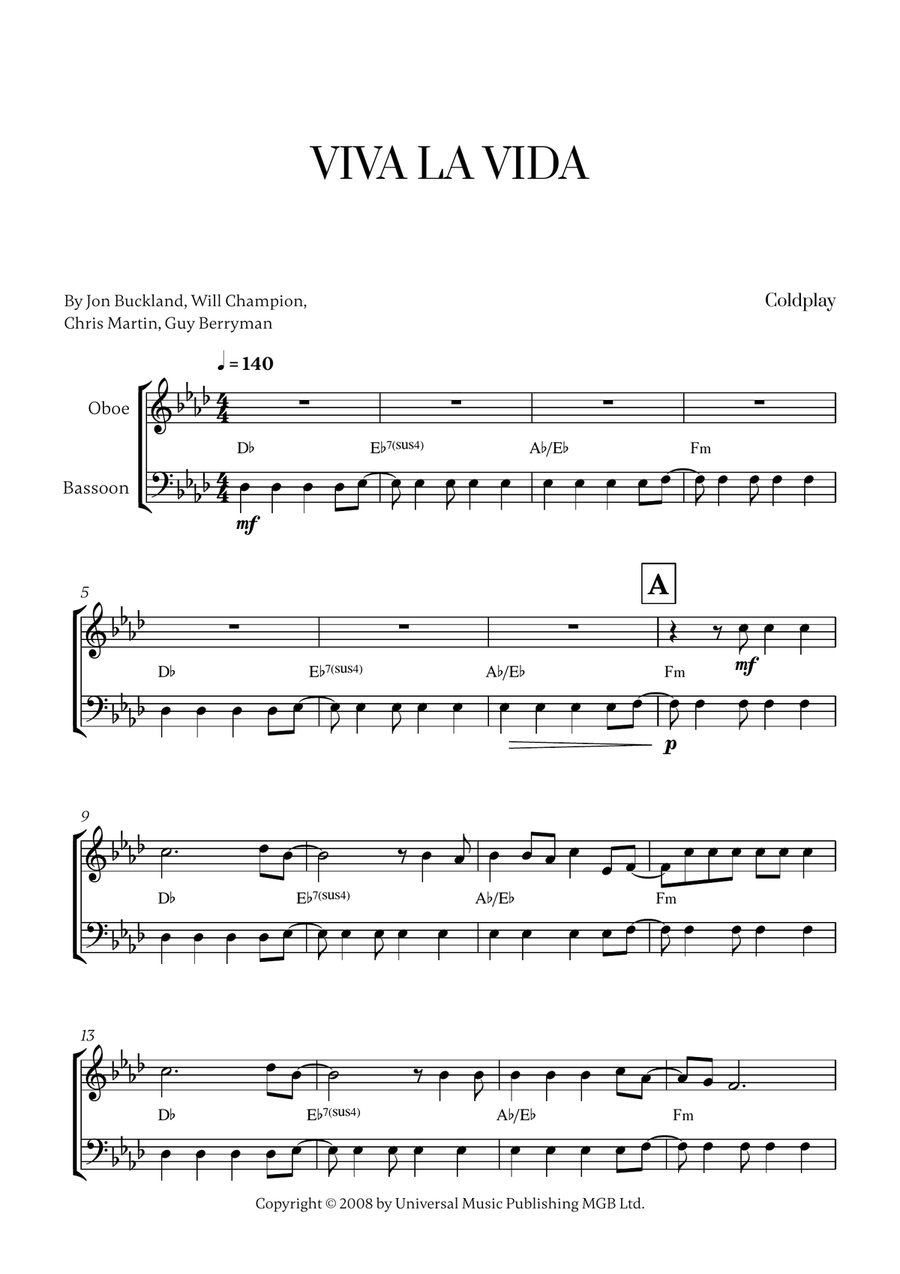 Viva La Vida Viva La Vida Woodwind Duet scores gallery preview page 1