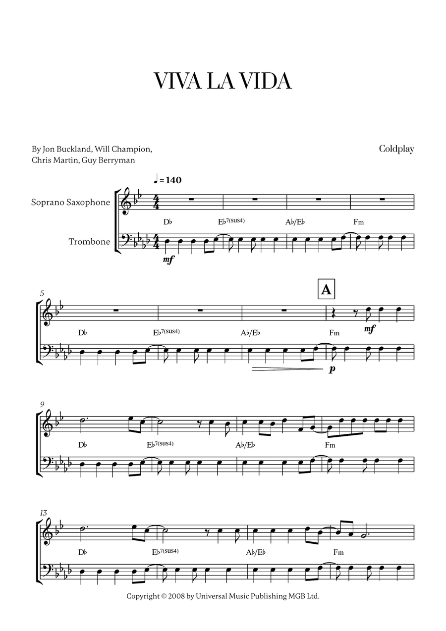 Viva La Vida Viva La Vida Trombone Duet scores gallery preview page 1