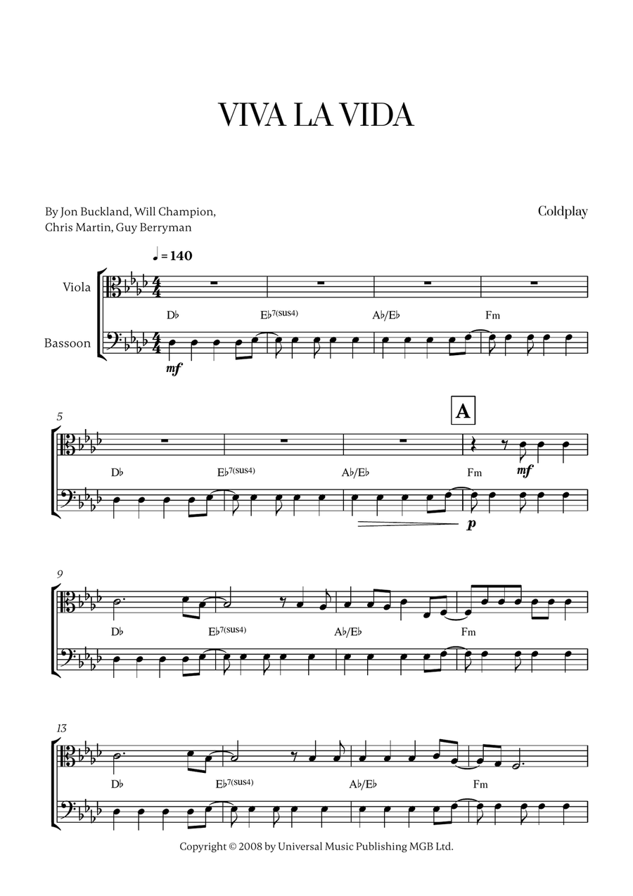 Viva La Vida Viva La Vida Bassoon scores gallery preview page 1
